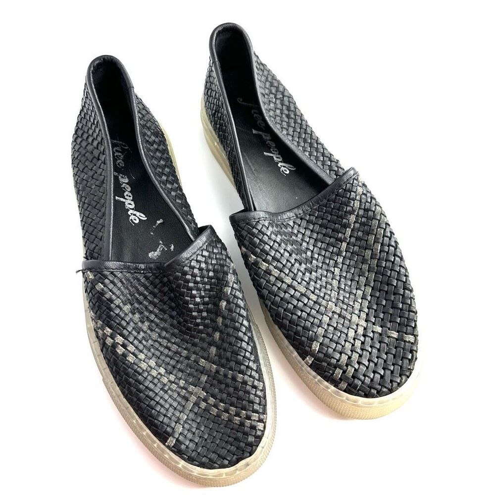 Free People Basket Weave Black Leather Slip On Comfort Flats Size 6.5 / 37
